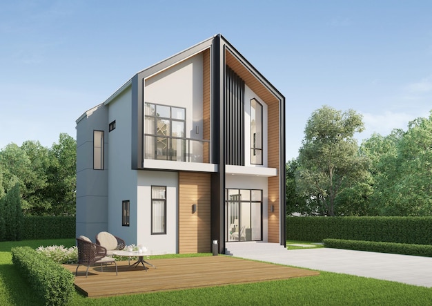 La lumière du jour extérieure de la maison moderne avec l'herbe de pelouse3d rendu