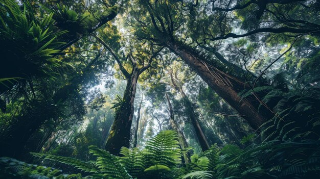 La lumière du matin filtre à travers la canopée dense d'une forêt enchantée éclairant les motifs complexes des fougères et les hautes sentinelles mousseuses