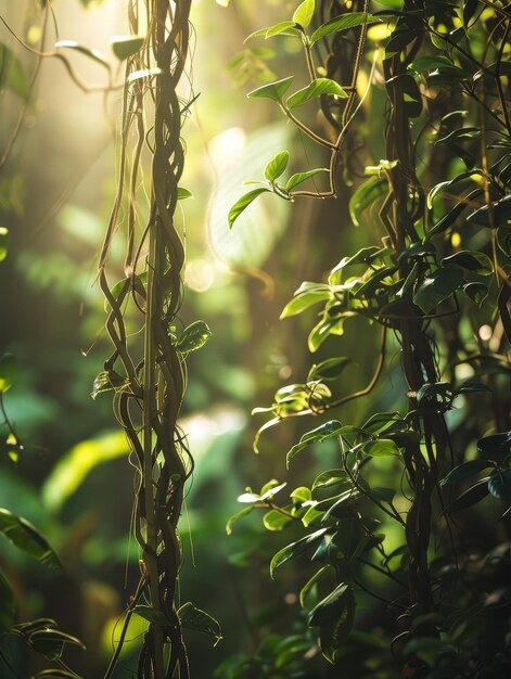 La lumière du matin perçoit la canopée de la forêt, mettant en évidence les détails complexes des plantes grimpantes et des feuilles sur un tronc d'arbre.