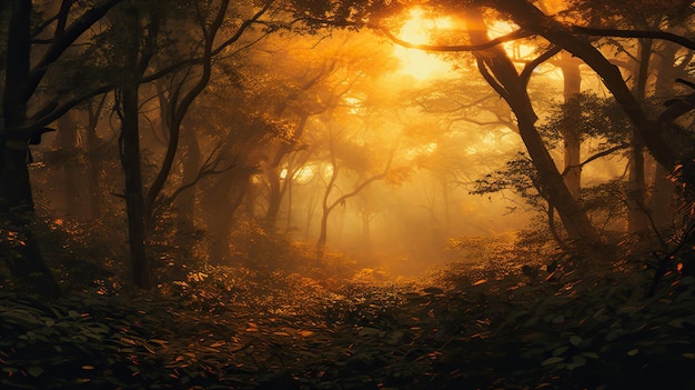 La lumière du soleil de l'après-midi filtre à travers l'épaisse canopée de la forêt