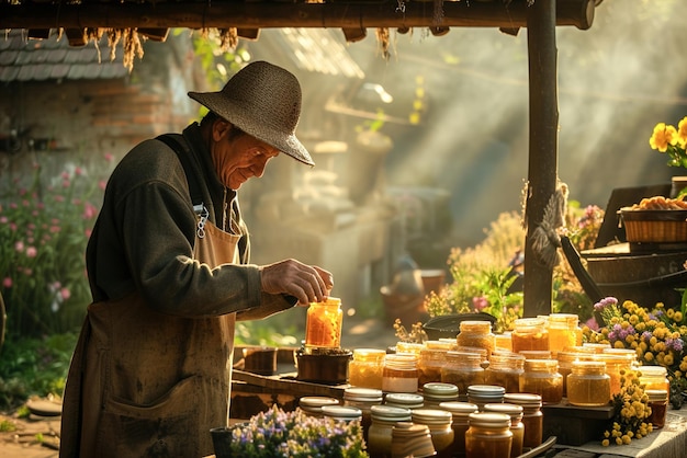 La lumière du soleil baigne une pittoresque scène de campagne alors qu'un fermier arrange des jarres de miel frais sur un étagère du marché