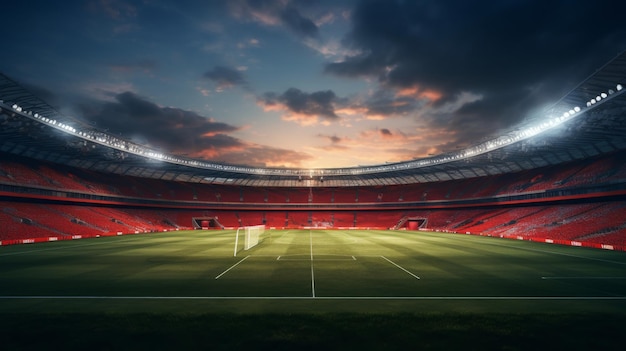 La lumière du soleil baigne un stade de football vide jetant des ombres sur le champ vert luxuriant