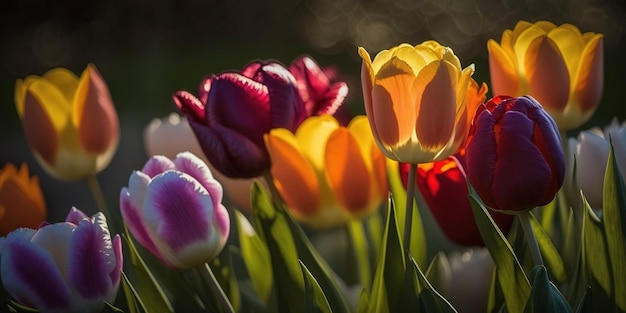 La lumière du soleil brille sur une émeute de tulipes dans un jardin plein de couleurs