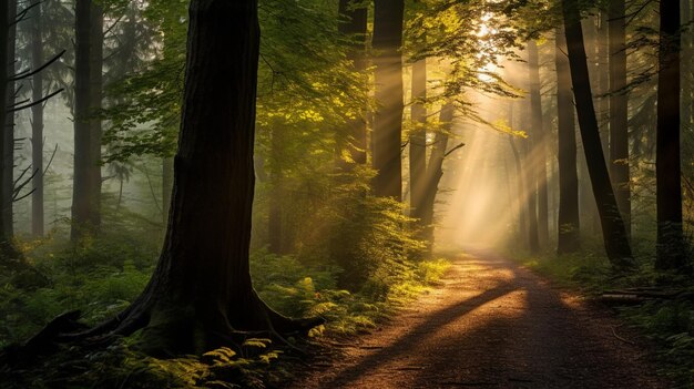 La lumière du soleil brille à travers les arbres dans une forêt avec un chemin génératif ai