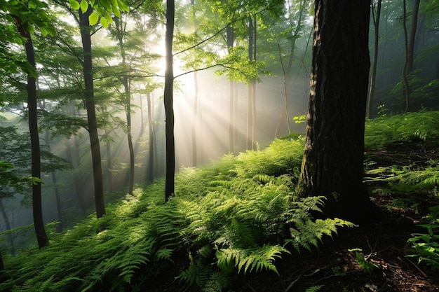 La lumière du soleil brille à travers les arbres dans une forêt de fougères