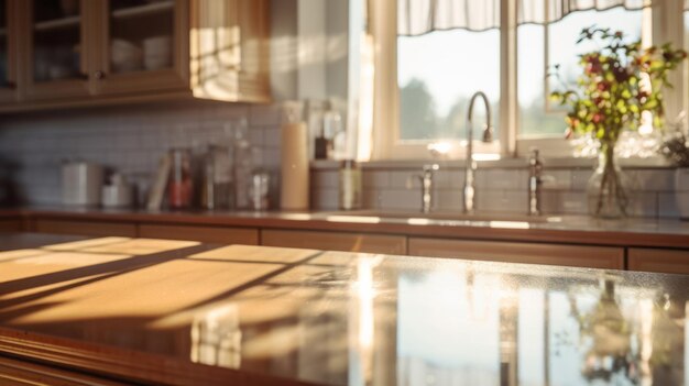 Lumière du soleil sur le comptoir de cuisine moderne, design d'intérieur lumineux et naturel