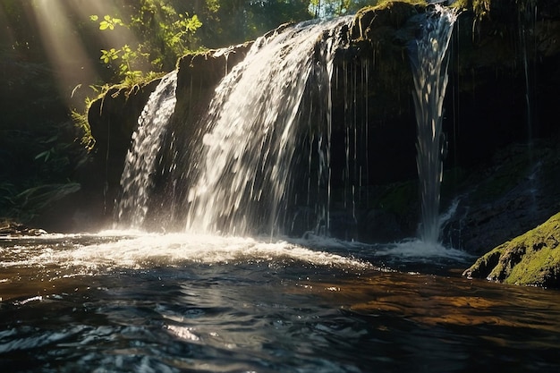 La lumière du soleil coule à travers une cascade.