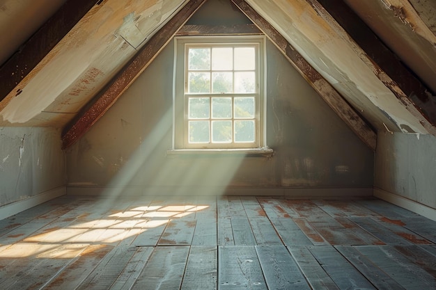 La lumière du soleil coule à travers la fenêtre vintage dans une chambre confortable au grenier avec un sol en bois et des particules de poussière