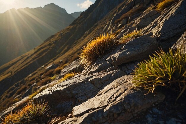 Photo la lumière du soleil coule à travers les lacunes d'une montagne accidentée.