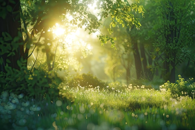 La lumière du soleil dans la forêt verte au printemps