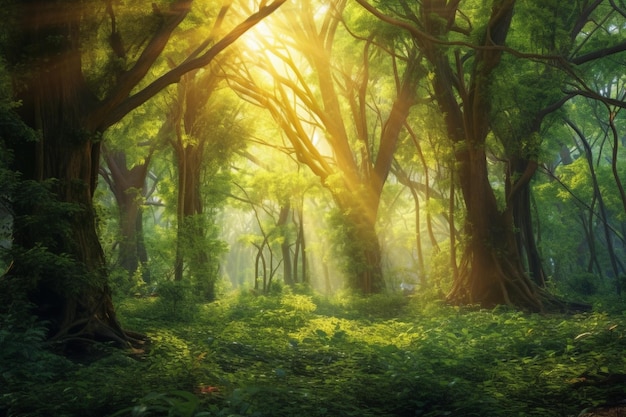 La lumière du soleil dans la forêt verte printemps rendu 3d