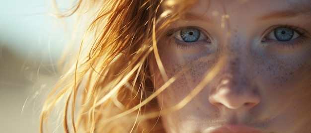 La lumière du soleil danse à travers les cheveux d'une fille mettant en évidence son regard serein et ses taches de rousseur