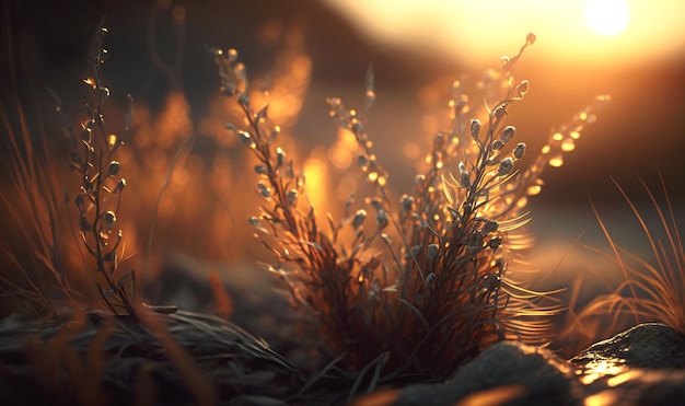 La lumière du soleil dorée illumine l'herbe sauvage de la forêt dans cette superbe photo macro