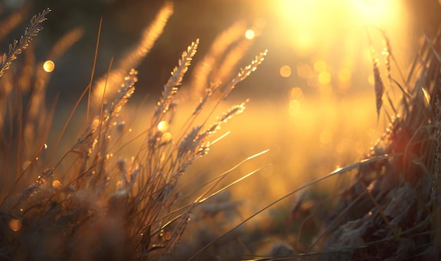 La lumière du soleil dorée illumine l'herbe sauvage de la forêt dans cette superbe photo macro