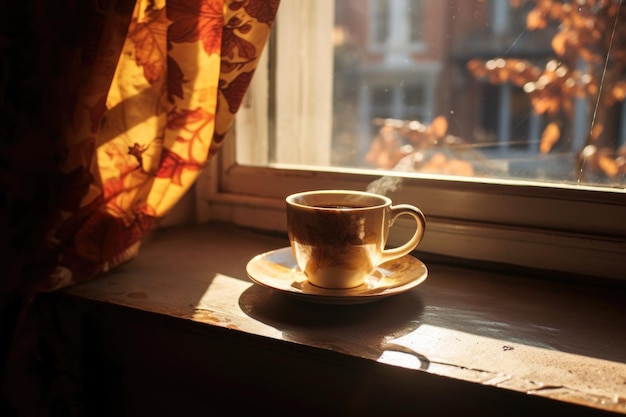 La lumière du soleil du matin éclaire une tasse de café ou de thé sur le rebord de la fenêtre