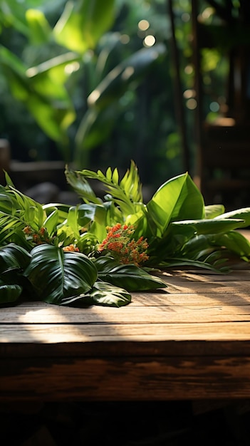 La lumière du soleil du matin projette des ombres sur une table en bois avec des feuilles de bananier luxuriantes Fond d'écran mobile vertical