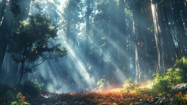 La lumière du soleil éclaire une forêt de séquoias