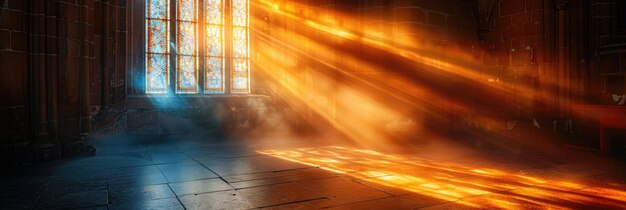 La lumière du soleil entrant dans une église à travers un grand exemplaire de l'Écriture Génératif Ai
