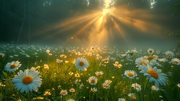 La lumière du soleil filtre à travers les arbres sur le champ de marguerites