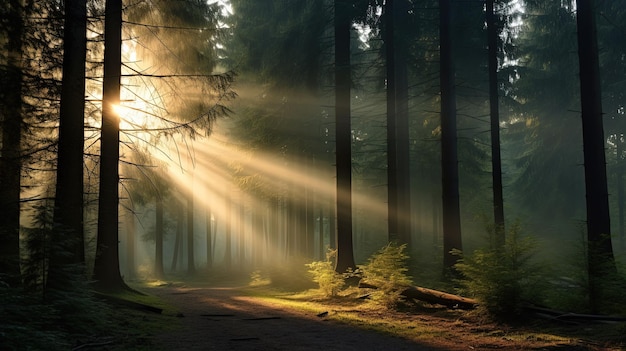 La lumière du soleil filtre à travers la brume dans le concept de silhouette forestière