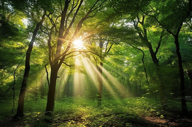 La lumière du soleil filtre à travers les feuilles d'une forêt de bambou dense