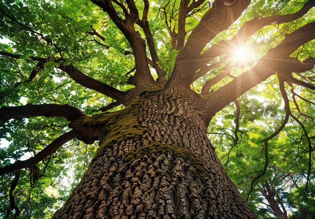 La lumière du soleil filtre à travers les feuilles vertes vibrantes de cet arbre majestueux, mettant en évidence les motifs complexes de l'écorce et des branches.