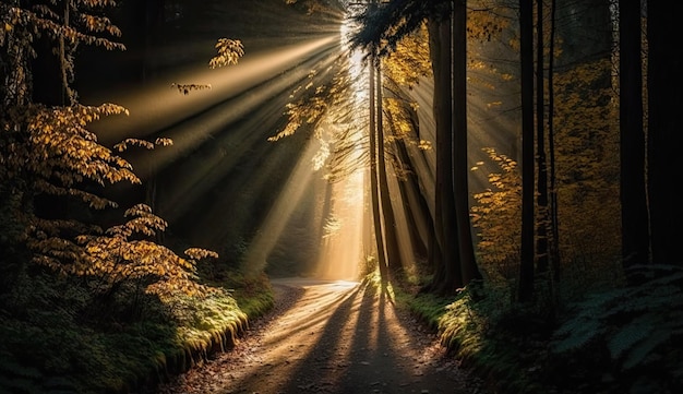 Lumière du soleil et forêt l'après-midi Chemin solitaire à travers la végétation AI générative