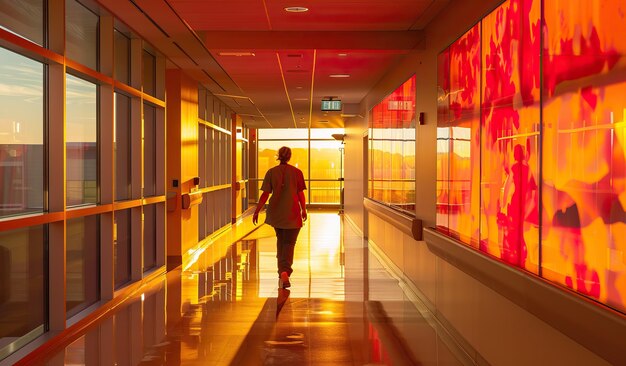 La lumière du soleil de l'heure d'or jette des ombres dans le couloir du bureau moderne