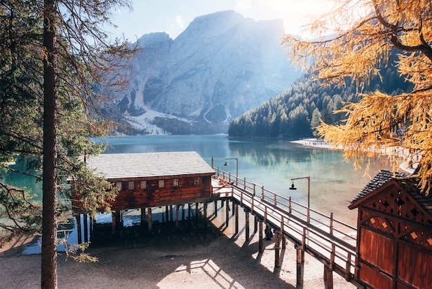 La lumière du soleil illuminant la maison brune. Bon paysage avec montagnes. Lieu touristique avec bâtiment en bois et poire