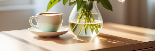 Photo la lumière du soleil matin petit déjeuner tasse de café cappuccino avec des fleurs de vase de verre sur la table en bois ligh