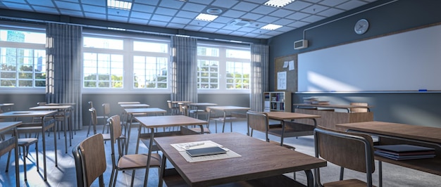 La lumière du soleil pénètre dans une salle de classe vide.