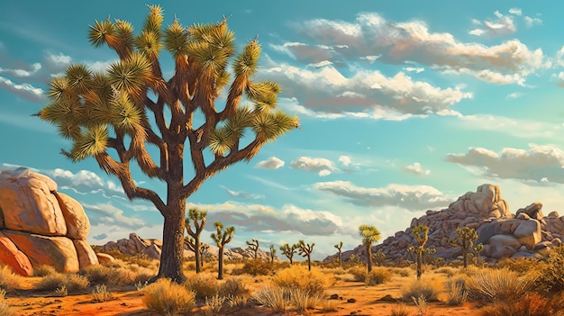 La lumière du soleil qui brille à travers l'arbre de Josué dans le crépuscule du désert de Mojave Joshua ai générative