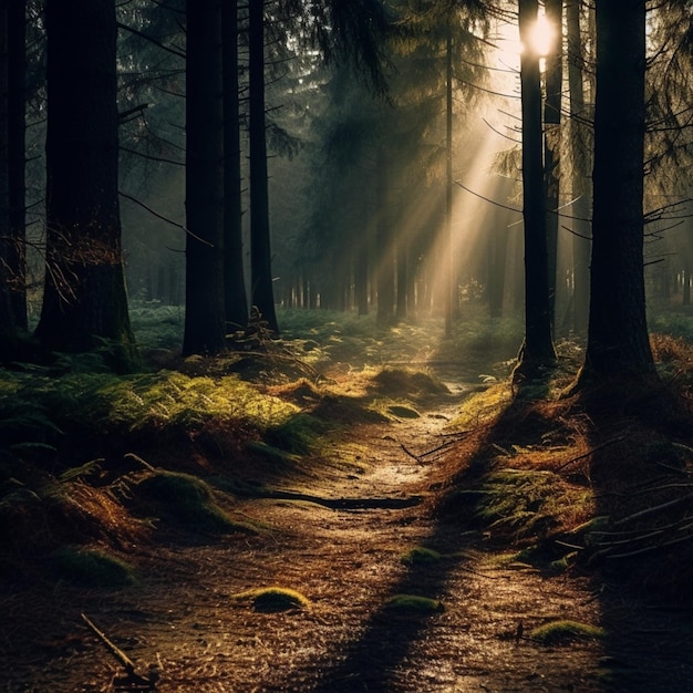 La lumière du soleil qui brille à travers les arbres dans une forêt avec de la mousse ai générative