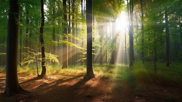 La lumière du soleil qui brille à travers une forêt avec le soleil qui brille à travers les arbres