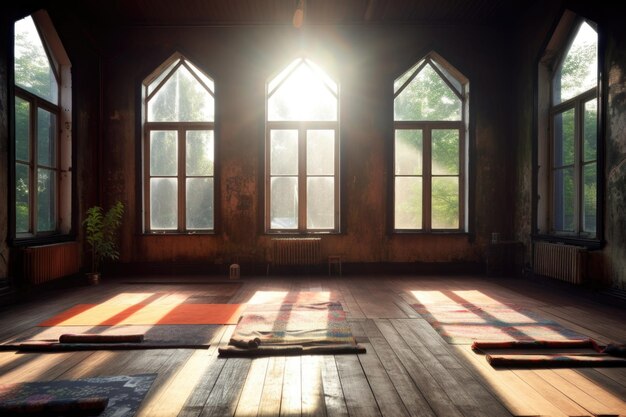 La lumière du soleil qui traverse les fenêtres sur des tapis de yoga vides créés avec l'IA générative