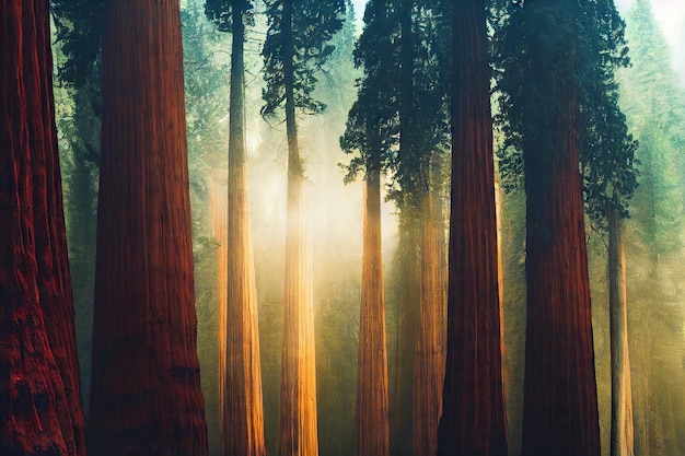 La lumière du soleil se fraye un chemin à travers les troncs de la forêt de séquoias