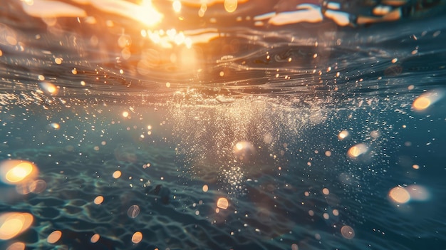 La lumière du soleil sous l'eau avec des bulles s'élevant à la surface de l'eau dans la mer