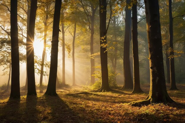 La lumière du soleil traverse les arbres de la forêt
