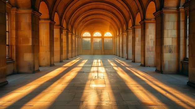 La lumière du soleil traverse les arches d'un couloir classique