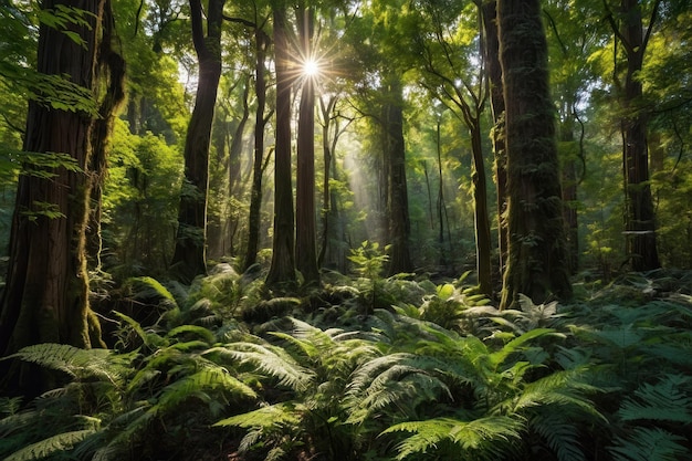 La lumière du soleil traverse la canopée luxuriante de la forêt
