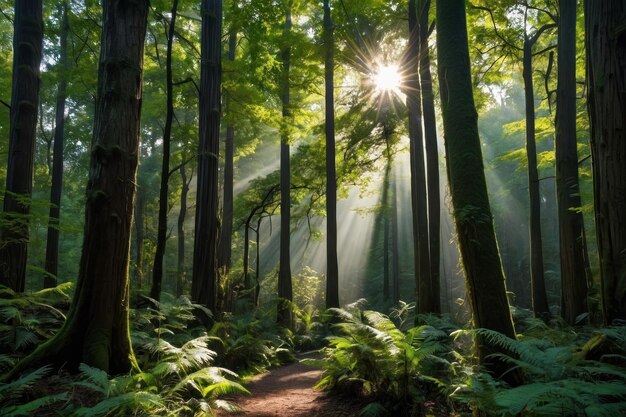 Photo la lumière du soleil traverse la canopée luxuriante de la forêt