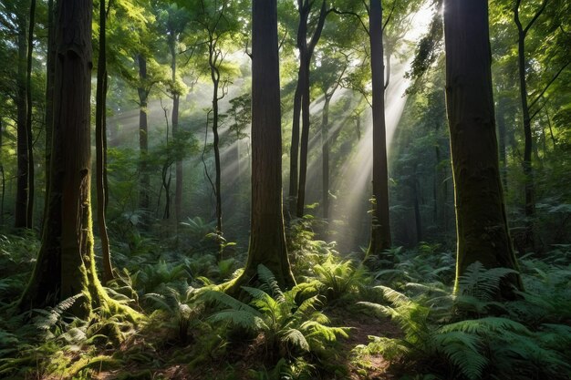 Photo la lumière du soleil traverse la canopée luxuriante de la forêt