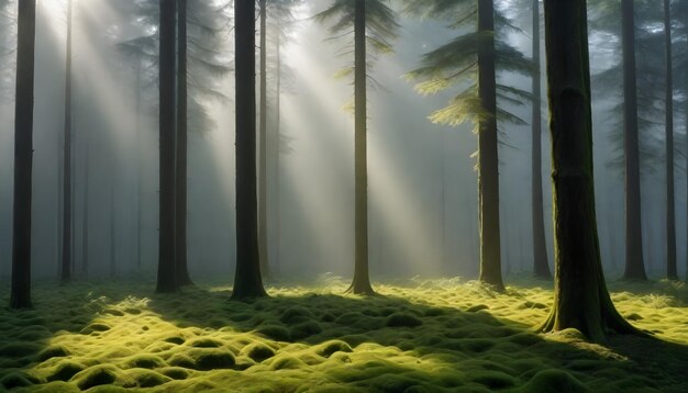 La lumière du soleil traverse une forêt dense avec de hauts arbres et de la mousse.