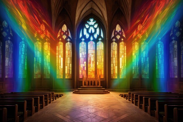 La lumière du spectre de l'arc-en-ciel brillant à travers les vitraux créés avec l'AI générative