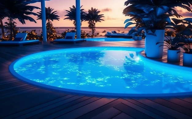 Lumière grande vacances de luxe piscine nuit eau vacances de villégiature d'été IA générative