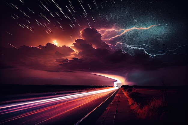 La lumière à grande vitesse traverse le ciel nocturne sombre et orageux