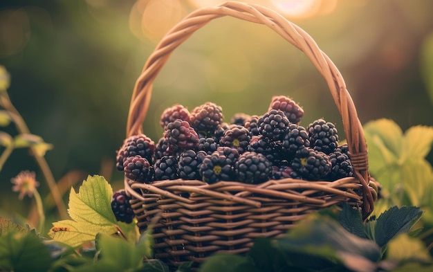 La lumière de l'heure d'or crée un magnifique festin visuel éclairant un panier de mûres mûres nichées dans l'étreinte verdoyante de la nature