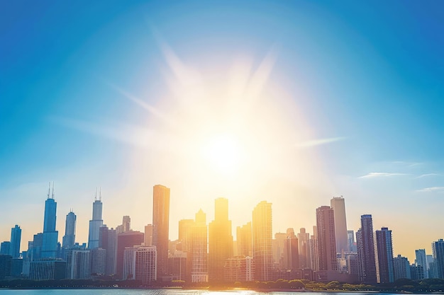 La lumière de l'heure d'or se répand sur une ville prise par une vague de chaleur, des bâtiments sous le soleil d'été.