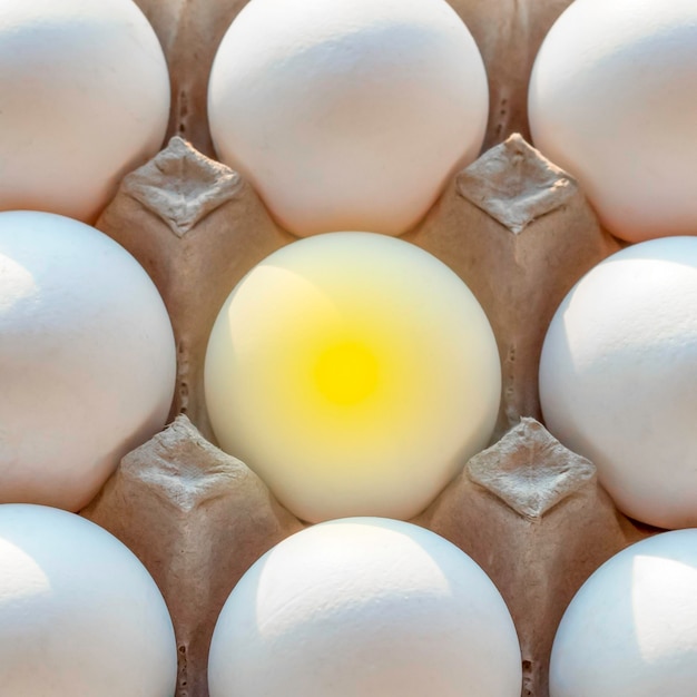 Lumière jaune dans un œuf parmi de nombreux œufs blancsPhotographie conceptuelle créativeLe concept de l'idée et de l'origine de la vie