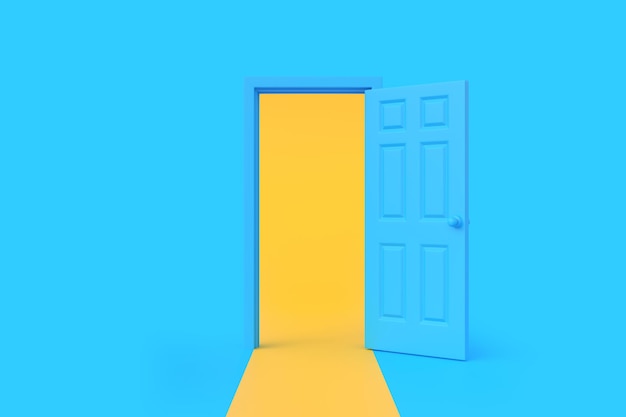 La lumière jaune qui traverse la porte d'ouverture dans la pièce à fond bleu illustration de rendu 3D